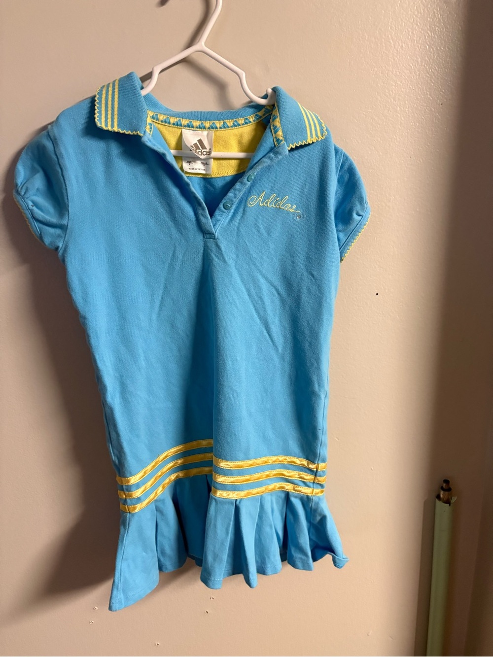 Vintage Adidas Girls' Light Blue Polo Dress with Yellow Trim